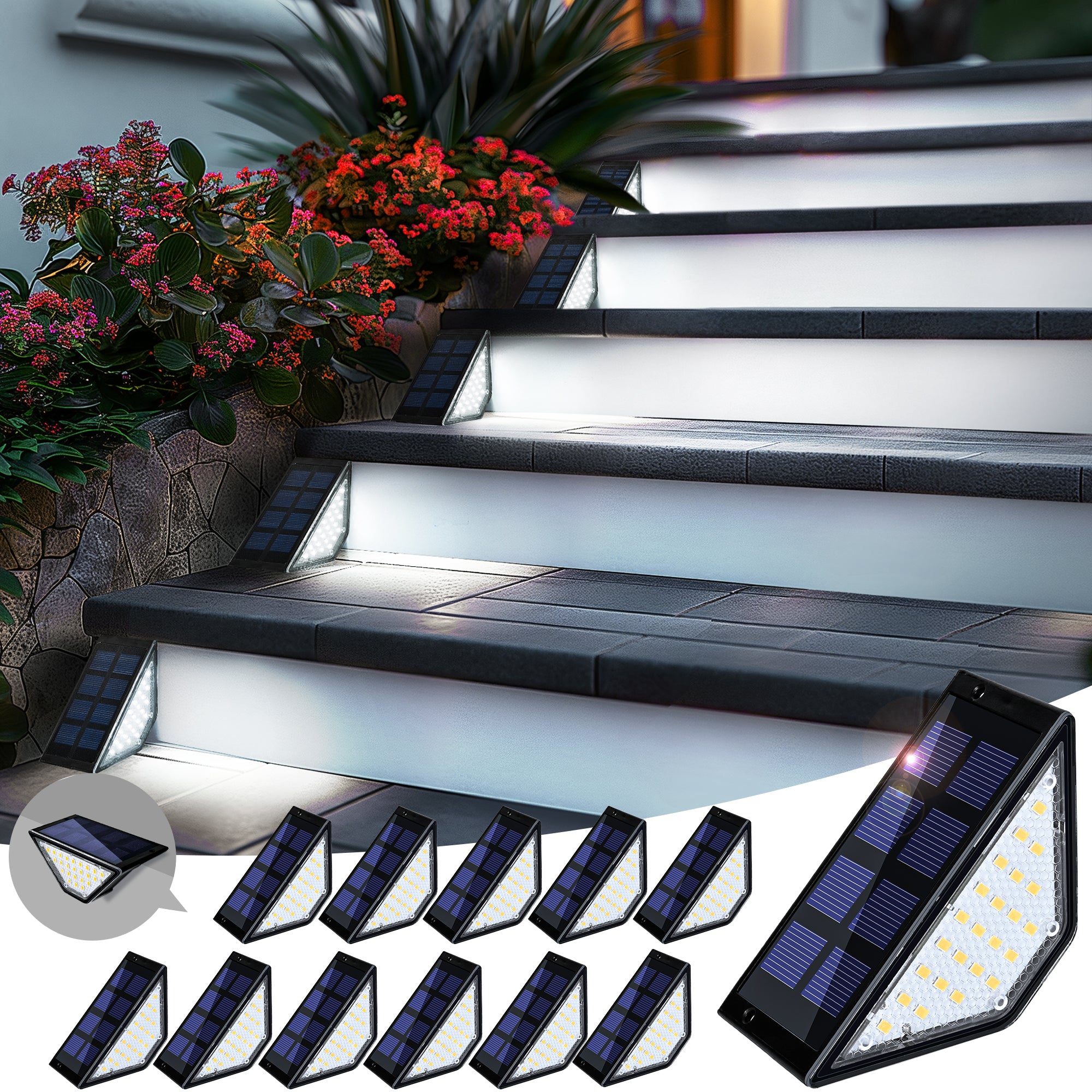 PATIOWIN Solar Step Lights for Outside, 24 LEDs Solar Stair Lights Waterproof IP65 Outdoor Decor for Garden, Porch, Pathway, Patio, Fence