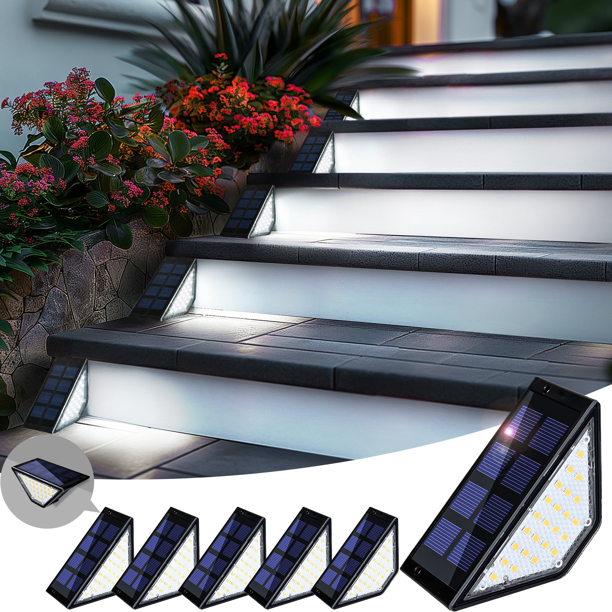 PATIOWIN Solar Step Lights for Outside, 24 LEDs Solar Stair Lights Waterproof IP65 Outdoor Decor for Garden, Porch, Pathway, Patio, Fence
