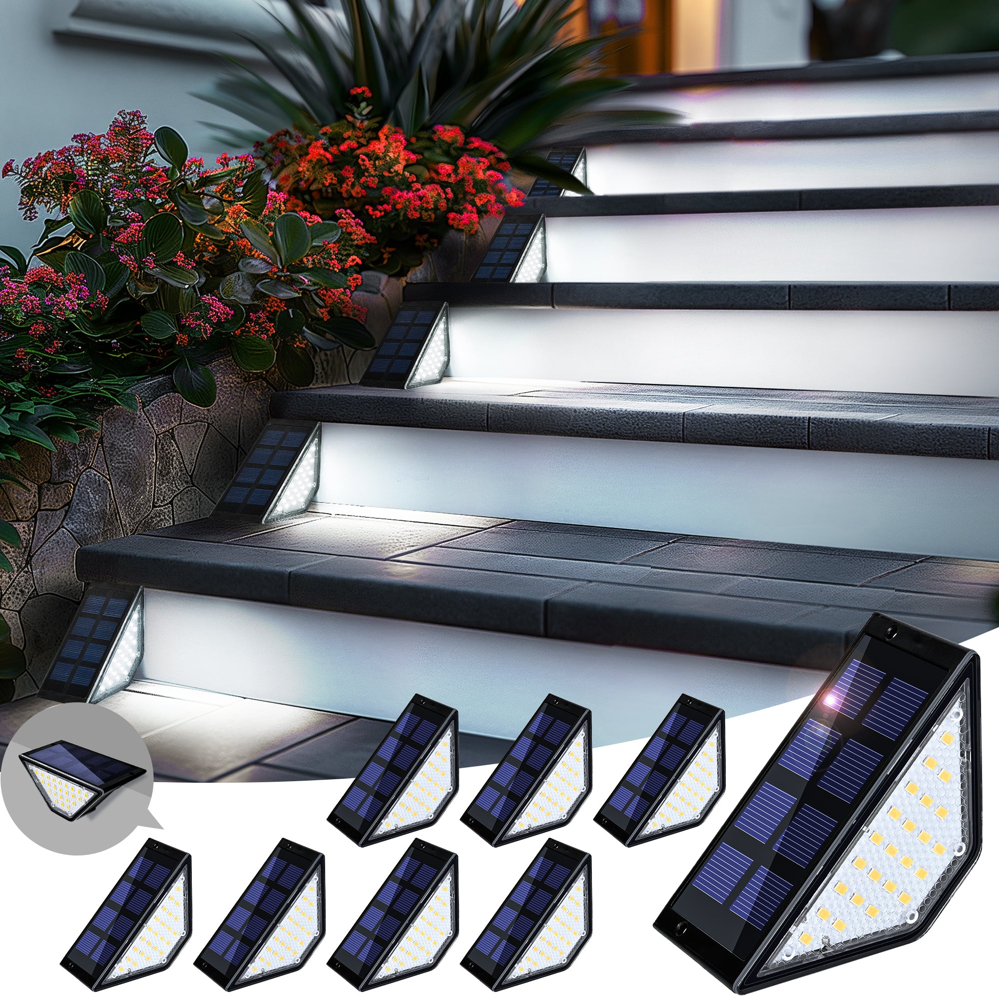 PATIOWIN Solar Step Lights for Outside, 24 LEDs Solar Stair Lights Waterproof IP65 Outdoor Decor for Garden, Porch, Pathway, Patio, Fence