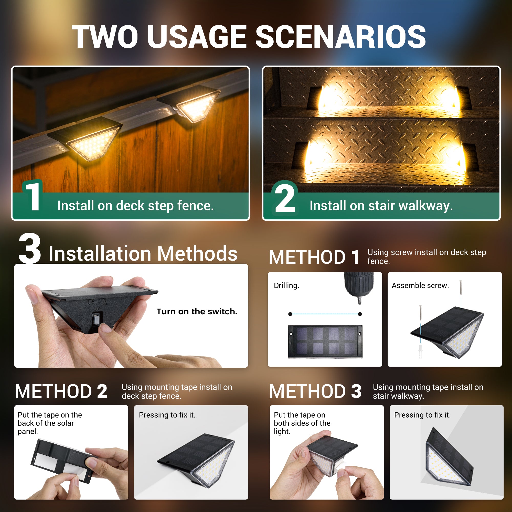 PATIOWIN Solar Step Lights for Outside, 24 LEDs Solar Stair Lights Waterproof IP65 Outdoor Decor for Garden, Porch, Pathway, Patio, Fence