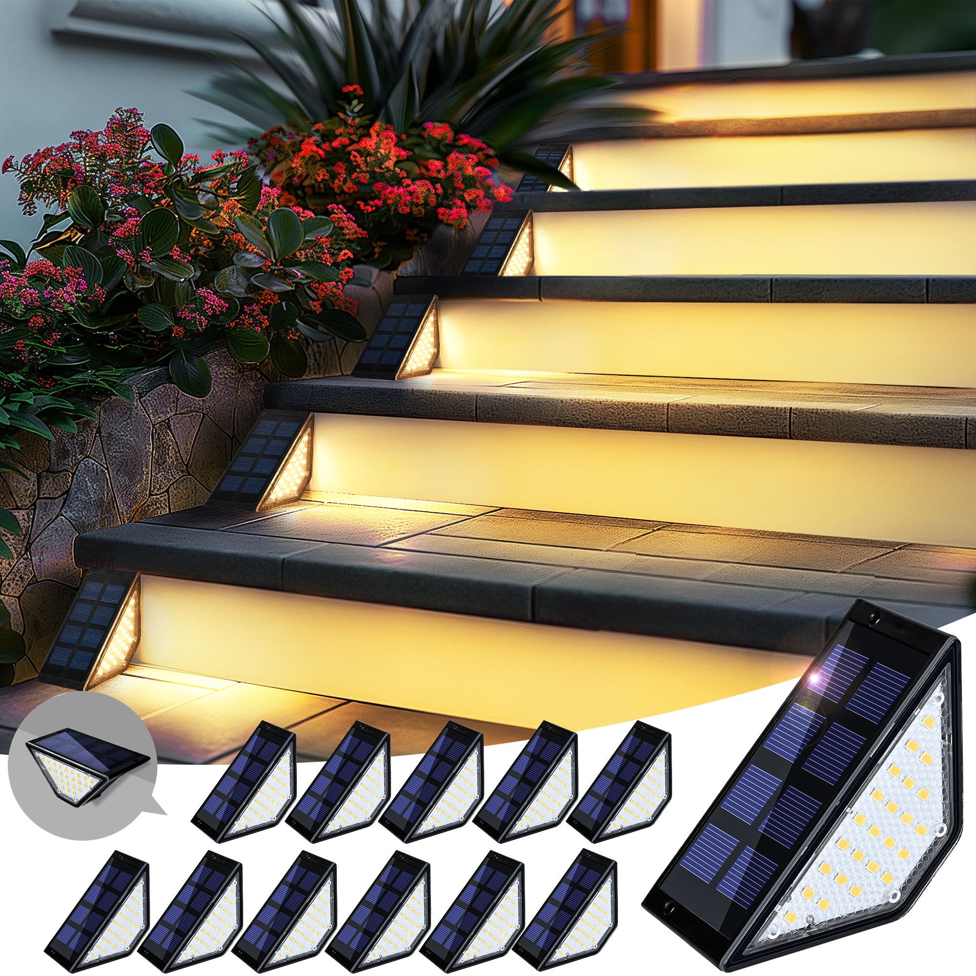 PATIOWIN Solar Step Lights for Outside, 24 LEDs Solar Stair Lights Waterproof IP65 Outdoor Decor for Garden, Porch, Pathway, Patio, Fence