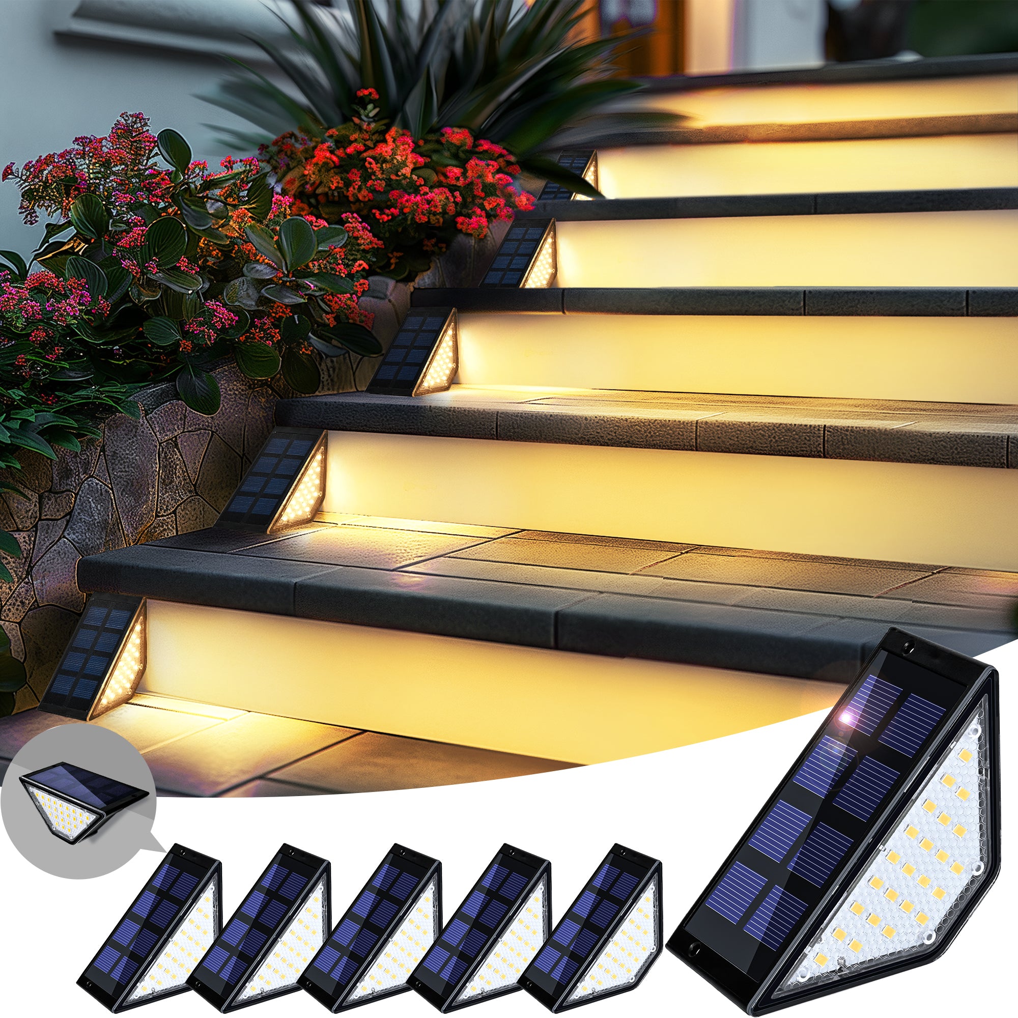 PATIOWIN Solar Step Lights for Outside, 24 LEDs Solar Stair Lights Waterproof IP65 Outdoor Decor for Garden, Porch, Pathway, Patio, Fence